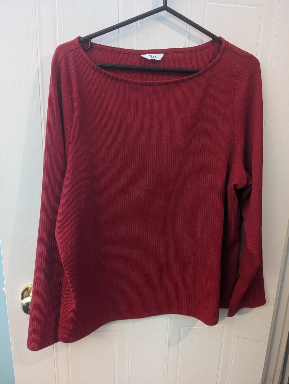 Penningtons Ribbed Long-Sleeve Top in Deep Red With Bell Sleeves